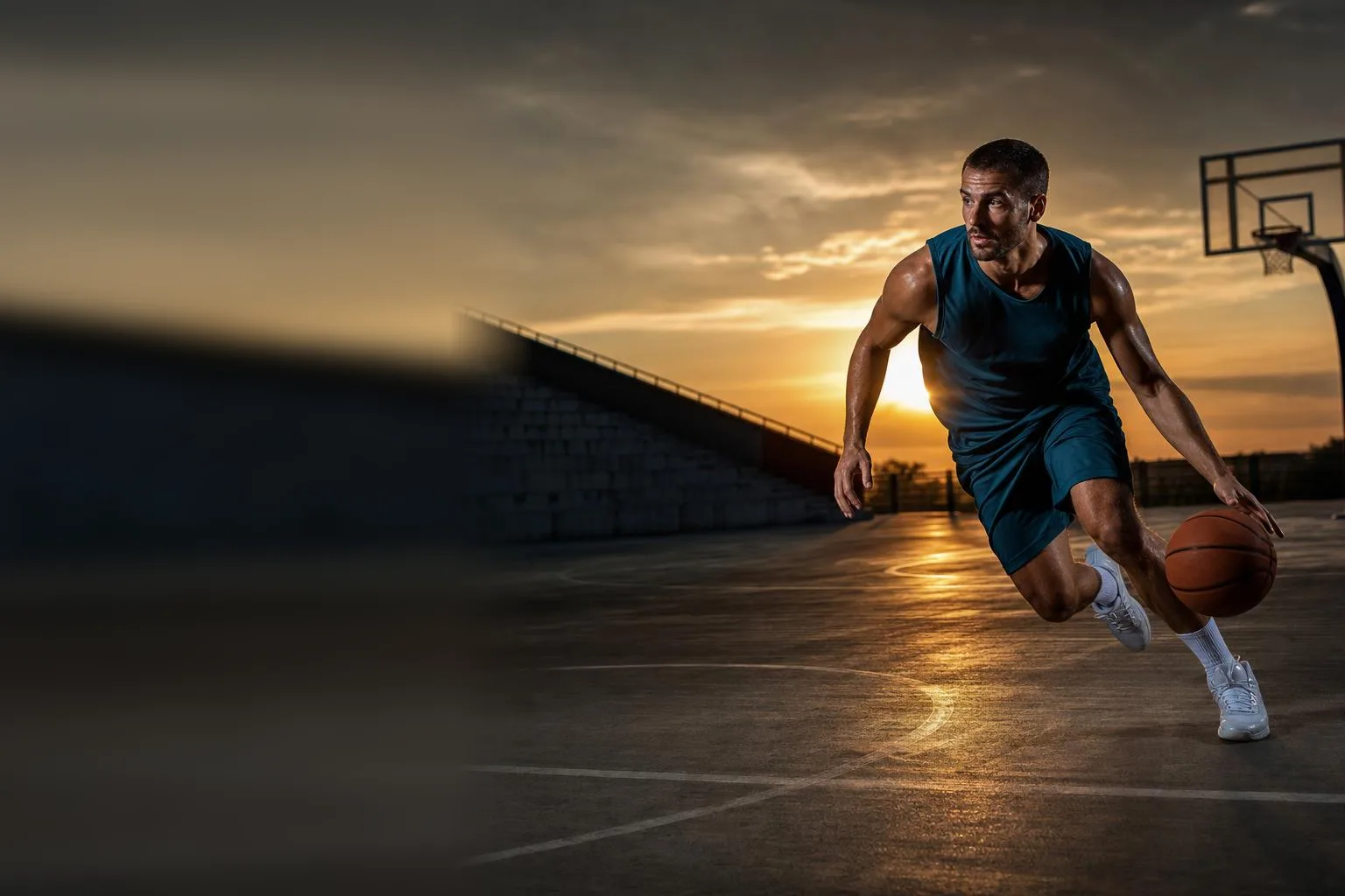 Basketball player driving forward while dribbling on a court at sunset