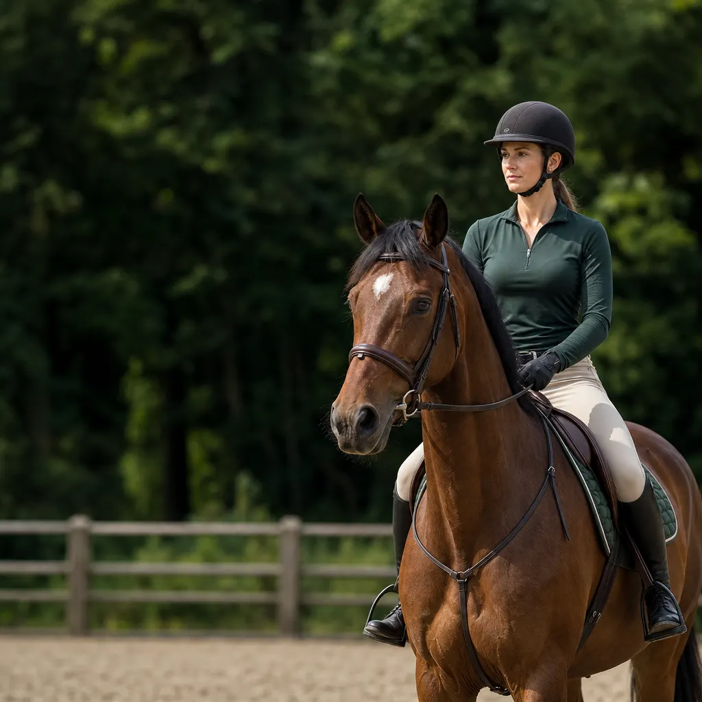 Helmeted equestrian rider on a horse in an outdoor riding arena