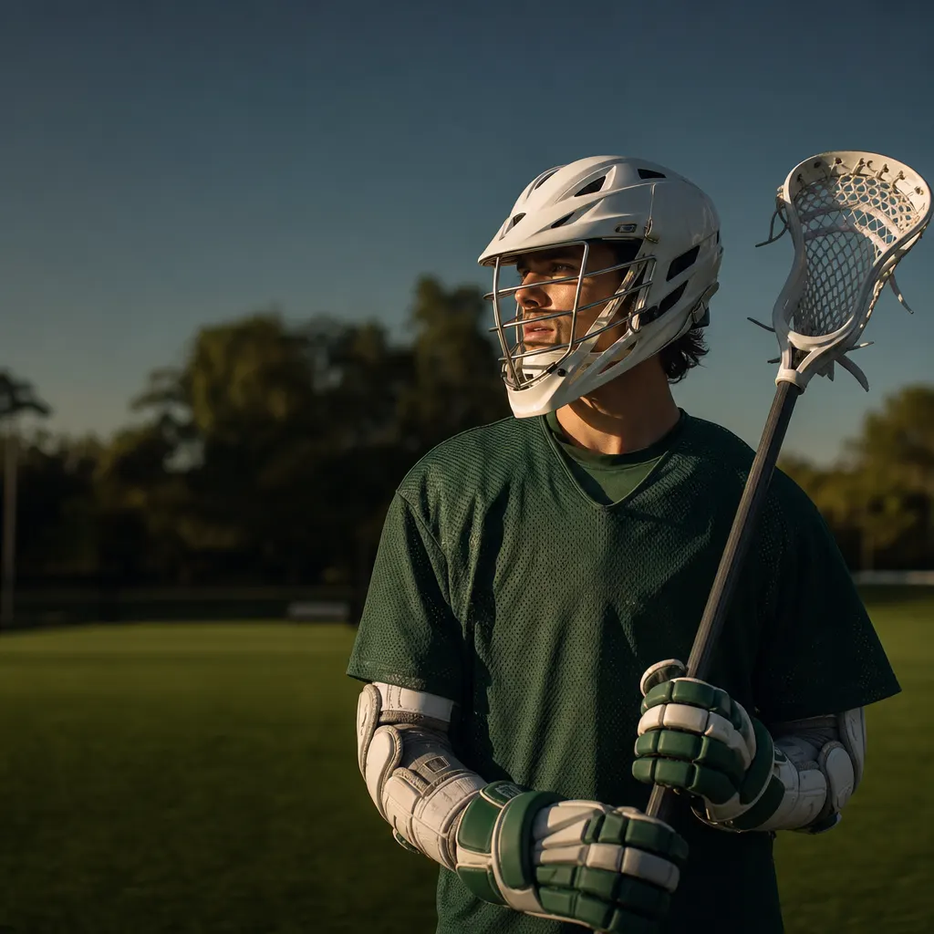 Helmeted lacrosse player holding a lacrosse stick on the field
