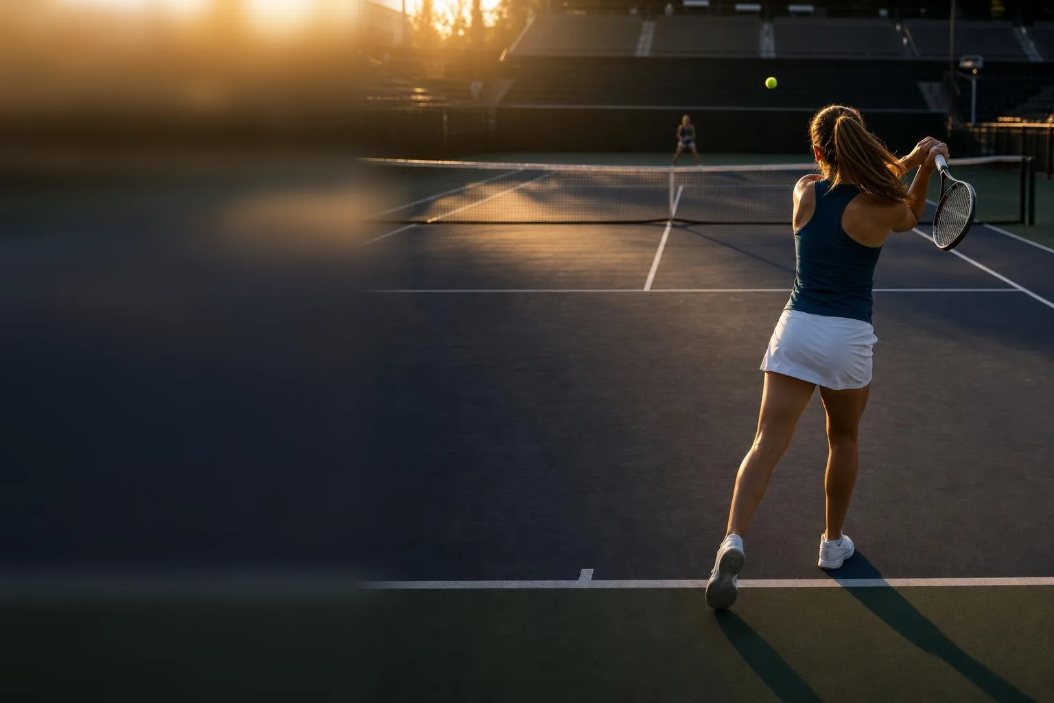 Tennis player returning a shot across the net toward the opposing court at sunset