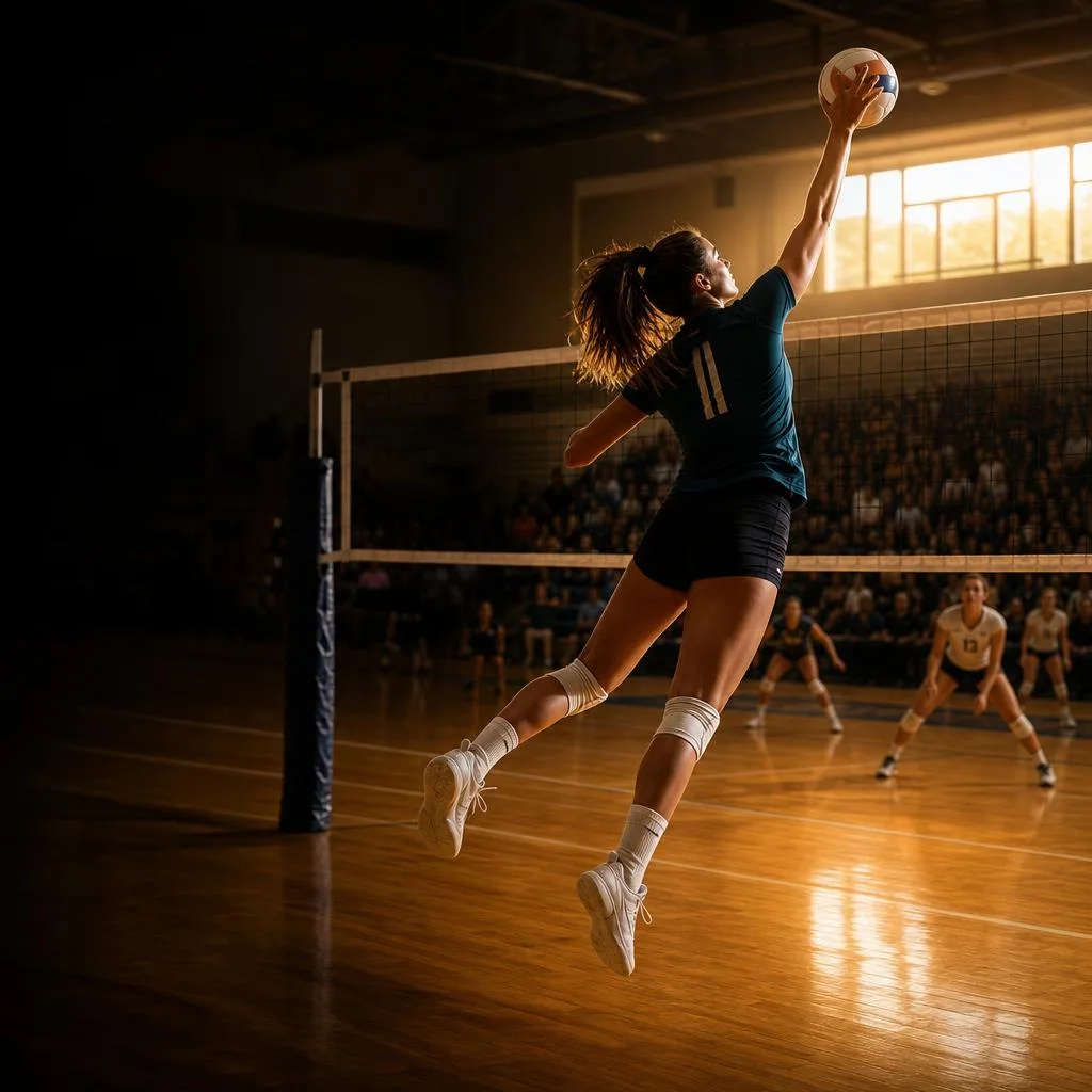 Volleyball player leaping to send the ball over the net toward the opposing team